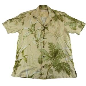 Tommy Bahama Mens Button Up‎ Shirt M Beige Floral Silk Pocket Short Sleeve